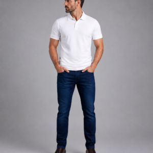 Camisa Polo branca corpo inteiro frente